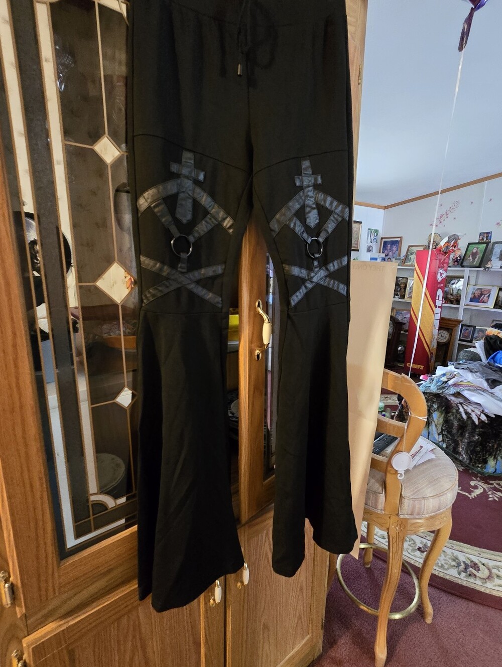 Black Women's Wide-Leg Pants with Decorative Straps